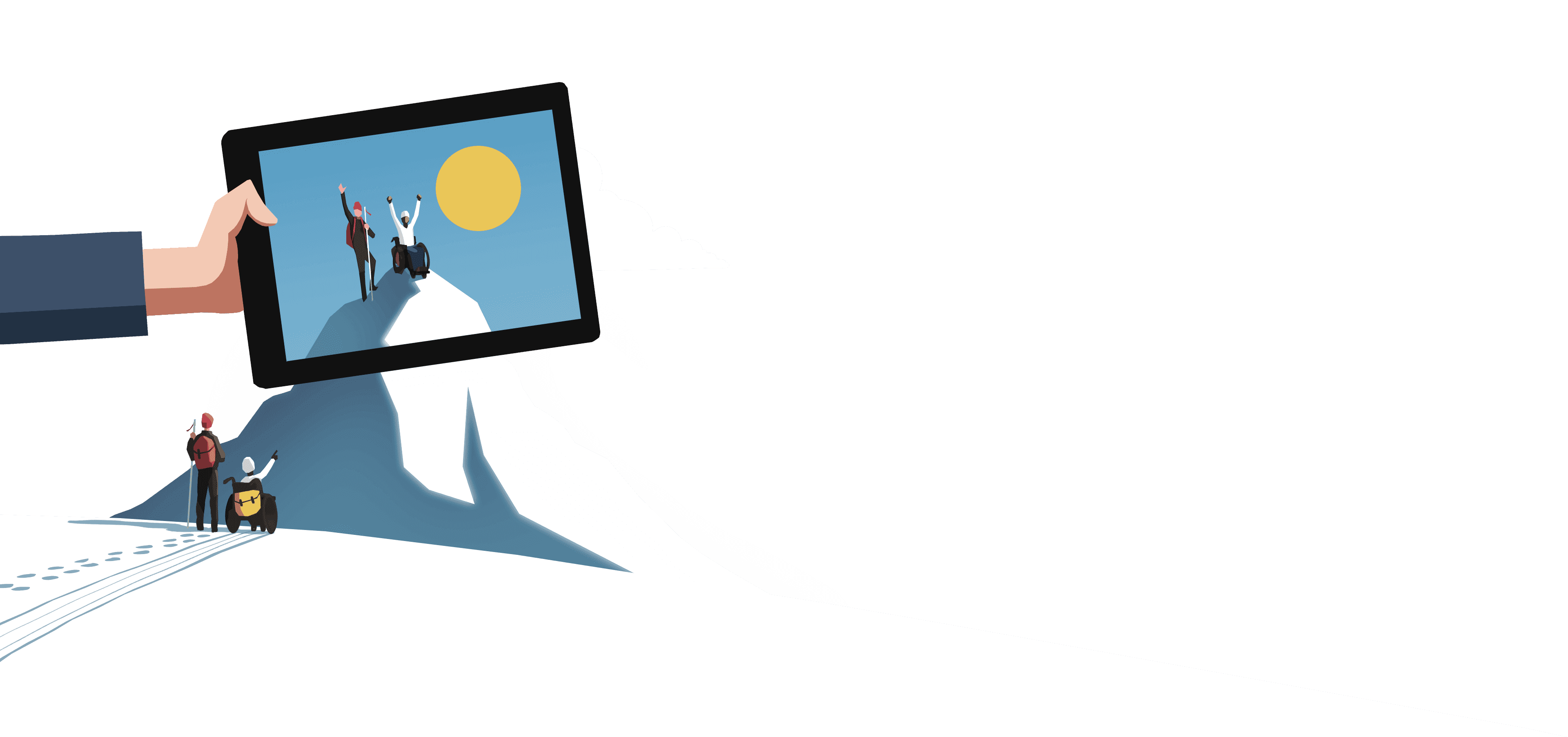 To eventyrere henholdsvis står og sitter ved foden af et bjerg. Over dem ser man en hånd som holder en tablet. På skærmen vises når eventyrerne har nået toppen af bjerget. Illustration.